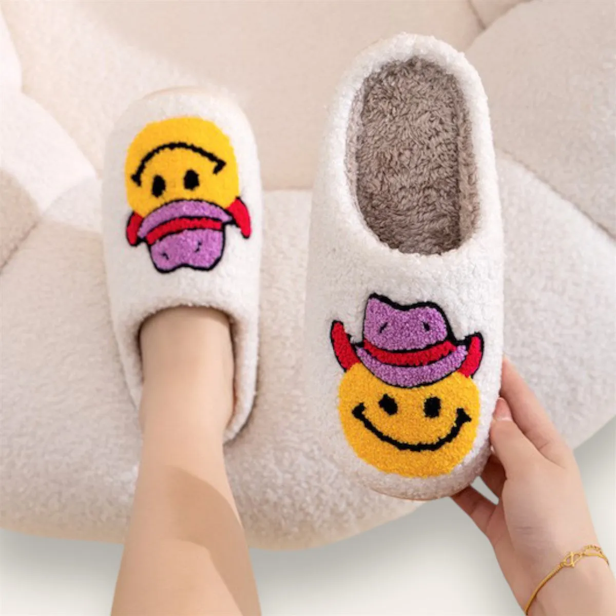 Smiley Cowboy Sherpa Fuzzy Slippers sold by Roxie’s Picks