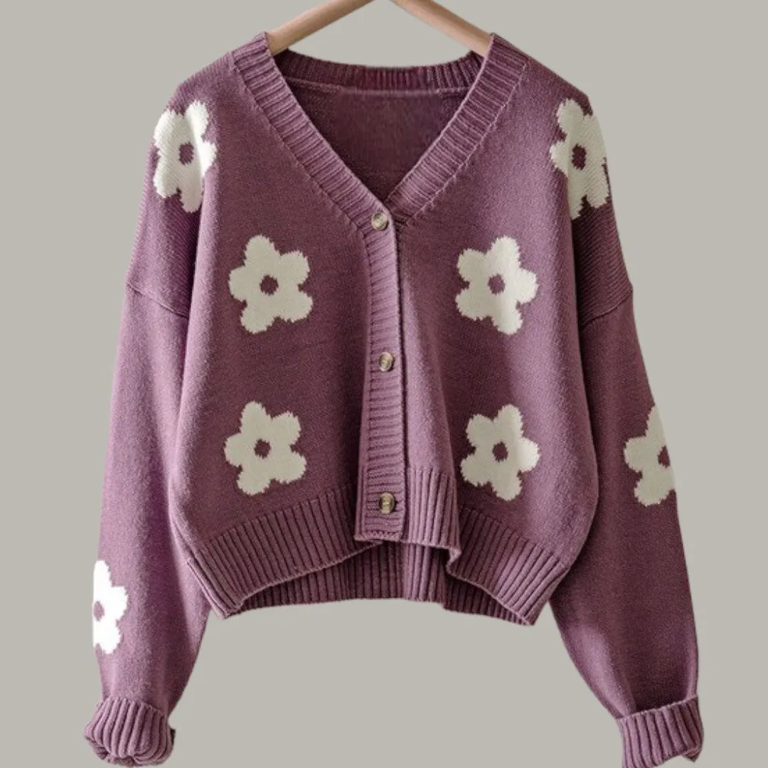 Flower Pattern Long Sleeve Loose Cropped Cardigan sold by Roxie’s Picks product image thumbnail 4