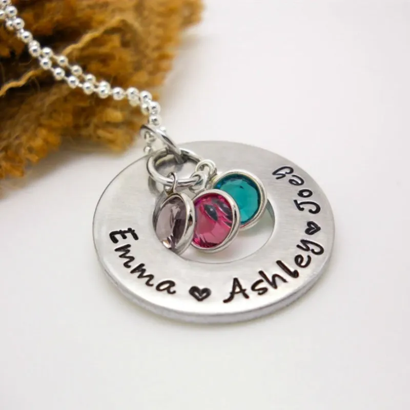 Personalized Mom Necklace with floating birthstones, washer necklace sold by Roxie’s Picks