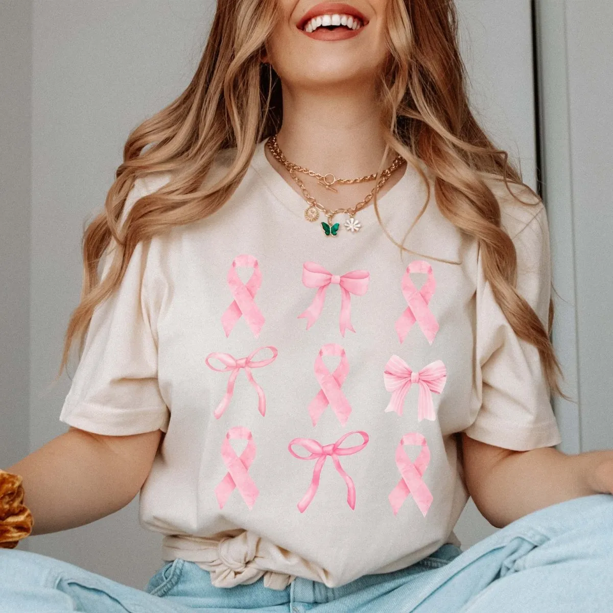 Breast Cancer Awareness Bow Ribbon Collage Bella Graphic Tee sold by Roxie’s Picks product image thumbnail 2