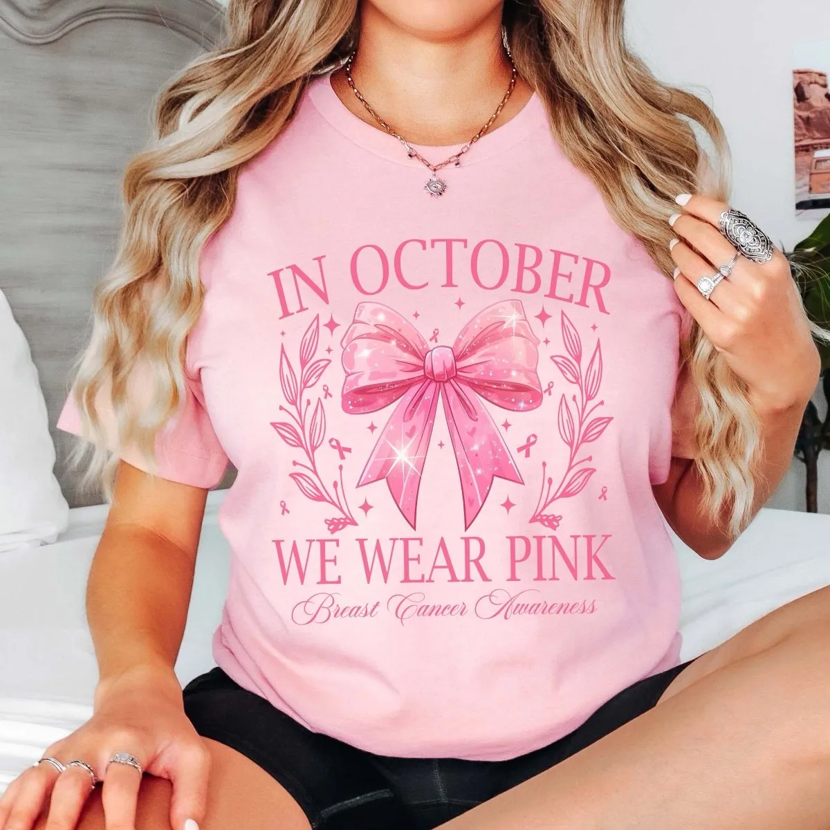 We Wear Pink Bow With Stars Bella Graphic Tee sold by Roxie’s Picks product image thumbnail 3