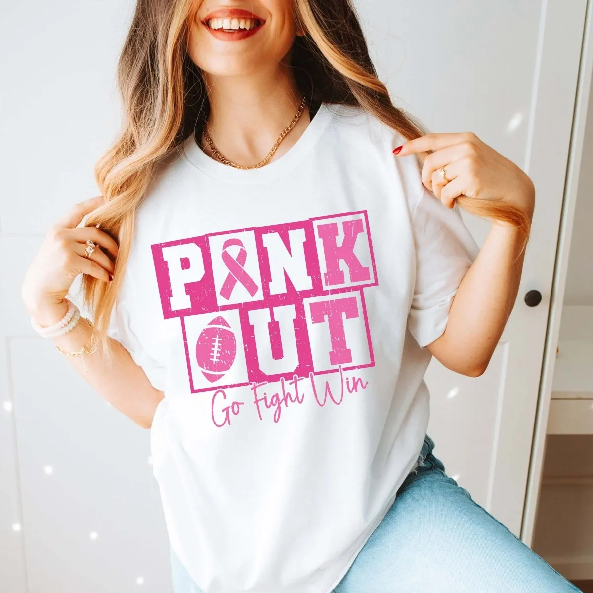 Pink Out Go Fight Win Bella Graphic Tee sold by Roxie’s Picks product image thumbnail 2
