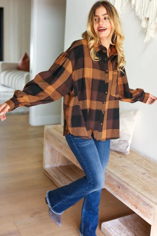 Rock'n Plaid Camel & Charcoal Button Down Oversized Shirt sold by Roxie’s Picks product image thumbnail 2