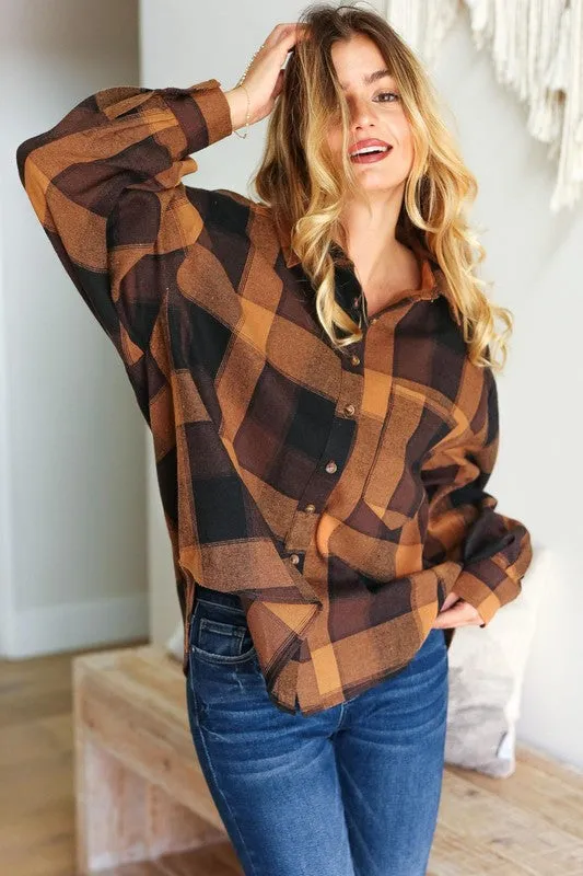 Rock'n Plaid Camel & Charcoal Button Down Oversized Shirt sold by Roxie’s Picks product image thumbnail 5
