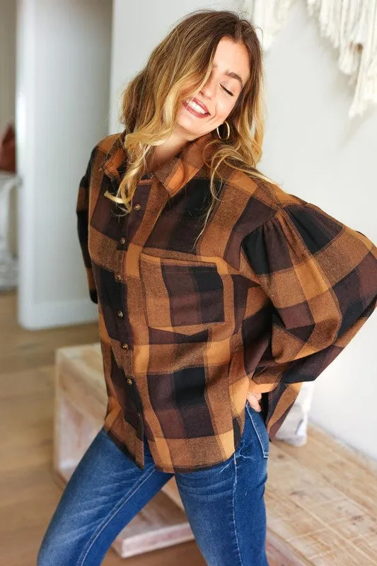 Rock'n Plaid Camel & Charcoal Button Down Oversized Shirt sold by Roxie’s Picks product image thumbnail 4