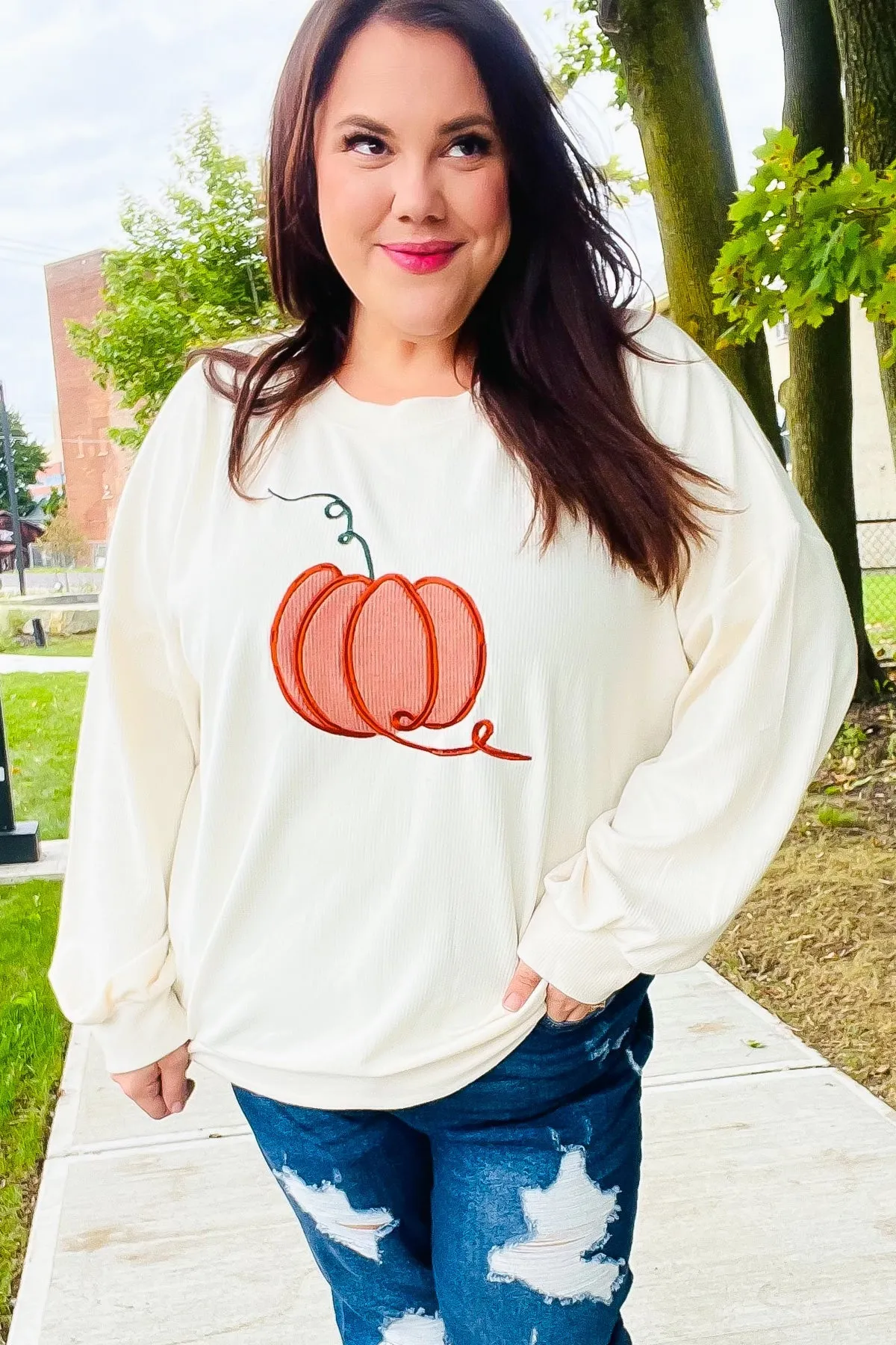 Halloween Lovely Ivory Embroidered Pumpkin Knit Sweater sold by Roxie’s Picks product image thumbnail 2
