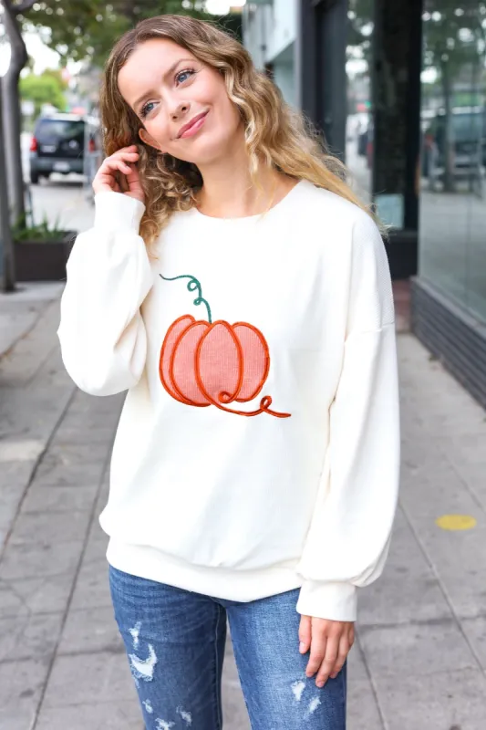 Halloween Lovely Ivory Embroidered Pumpkin Knit Sweater sold by Roxie’s Picks
