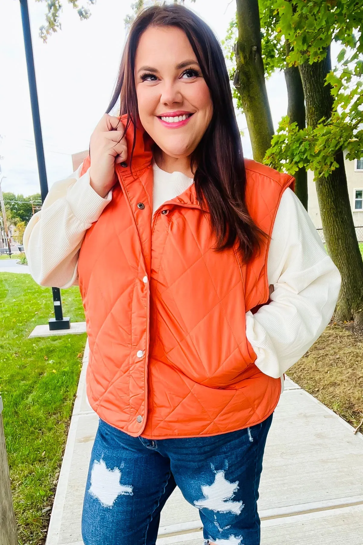 Weekend Ready Rust High Neck Snap Button Quilted Puffer Vest sold by Roxie’s Picks product image thumbnail 5