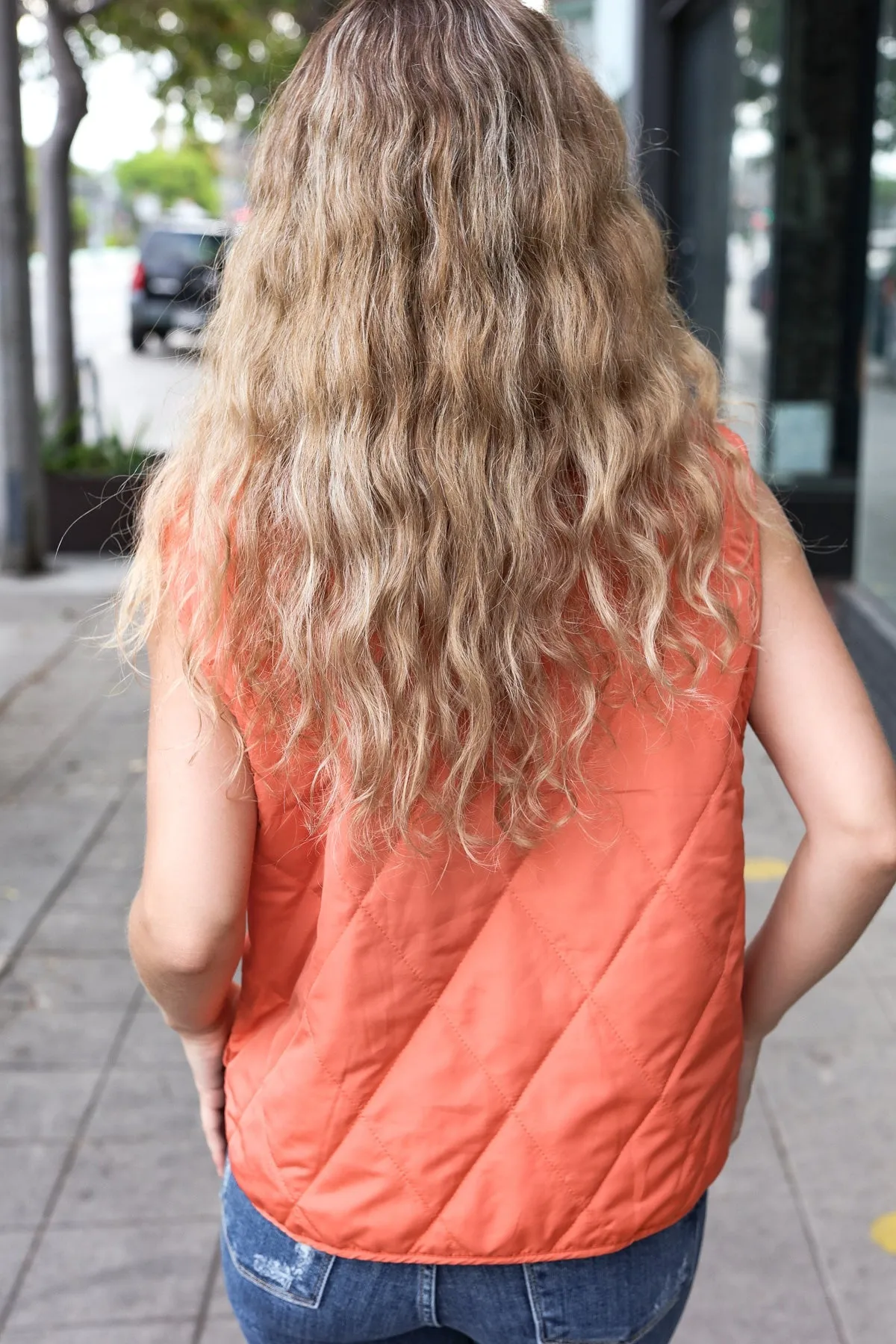 Weekend Ready Rust High Neck Snap Button Quilted Puffer Vest sold by Roxie’s Picks product image thumbnail 3