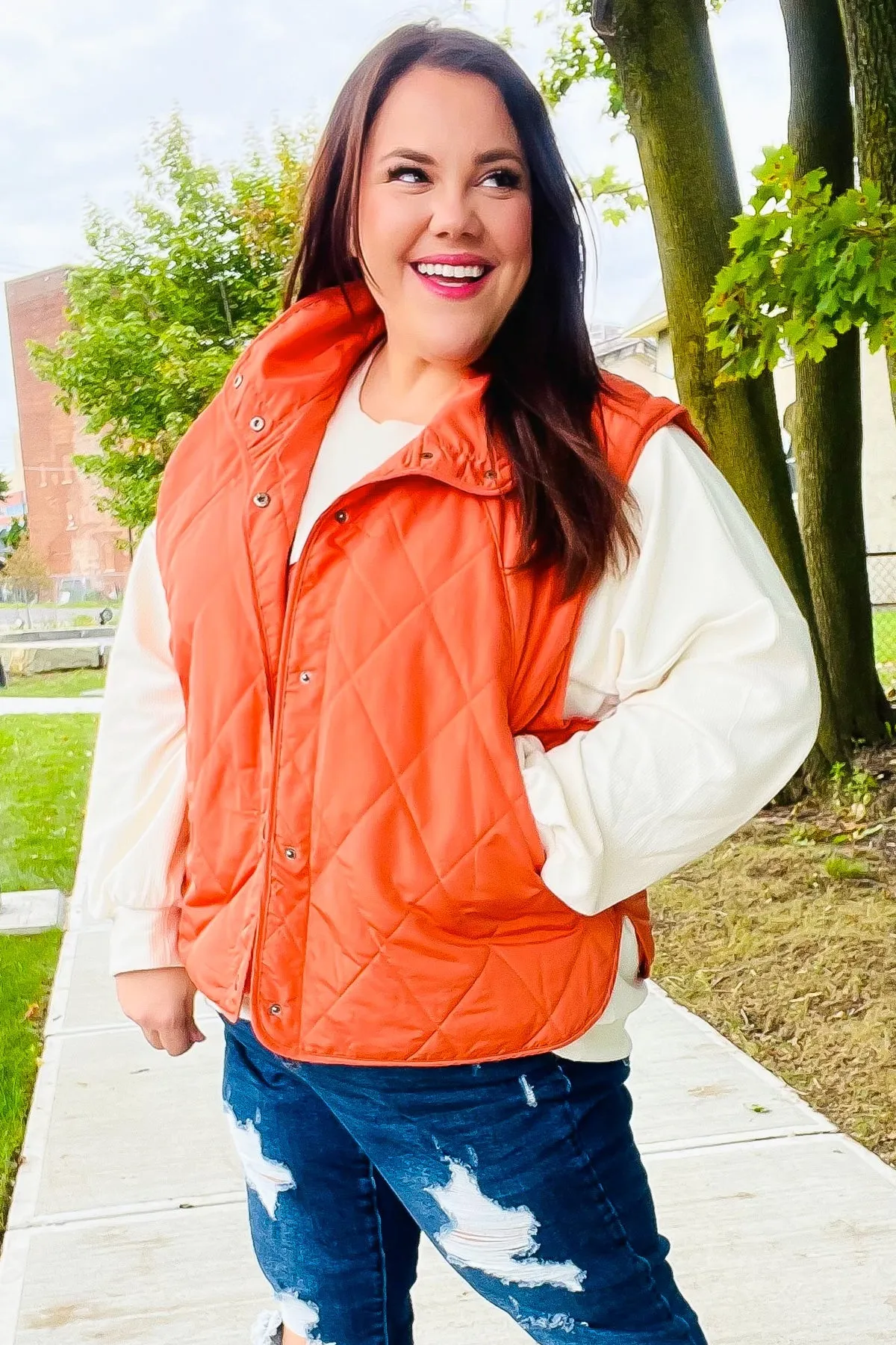 Weekend Ready Rust High Neck Snap Button Quilted Puffer Vest sold by Roxie’s Picks product image thumbnail 4