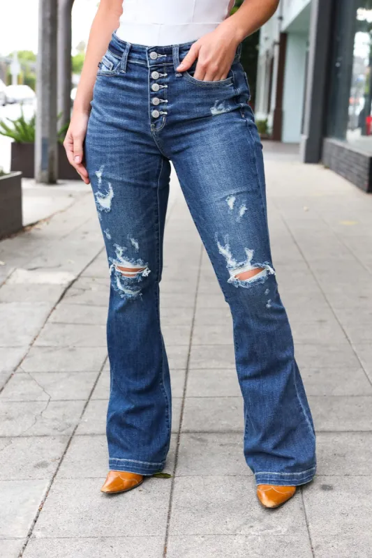 Judy Blue Dark Wash Mid Rise Button Fly Distressed Flare Jeans sold by Roxie’s Picks
