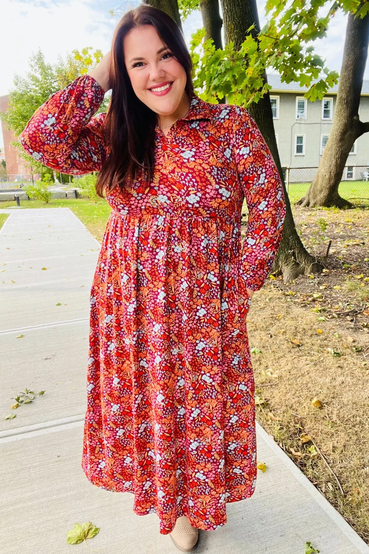 Casual Living Burgundy Floral Collared Fit & Flare Maxi Dress sold by Roxie’s Picks product image thumbnail 4