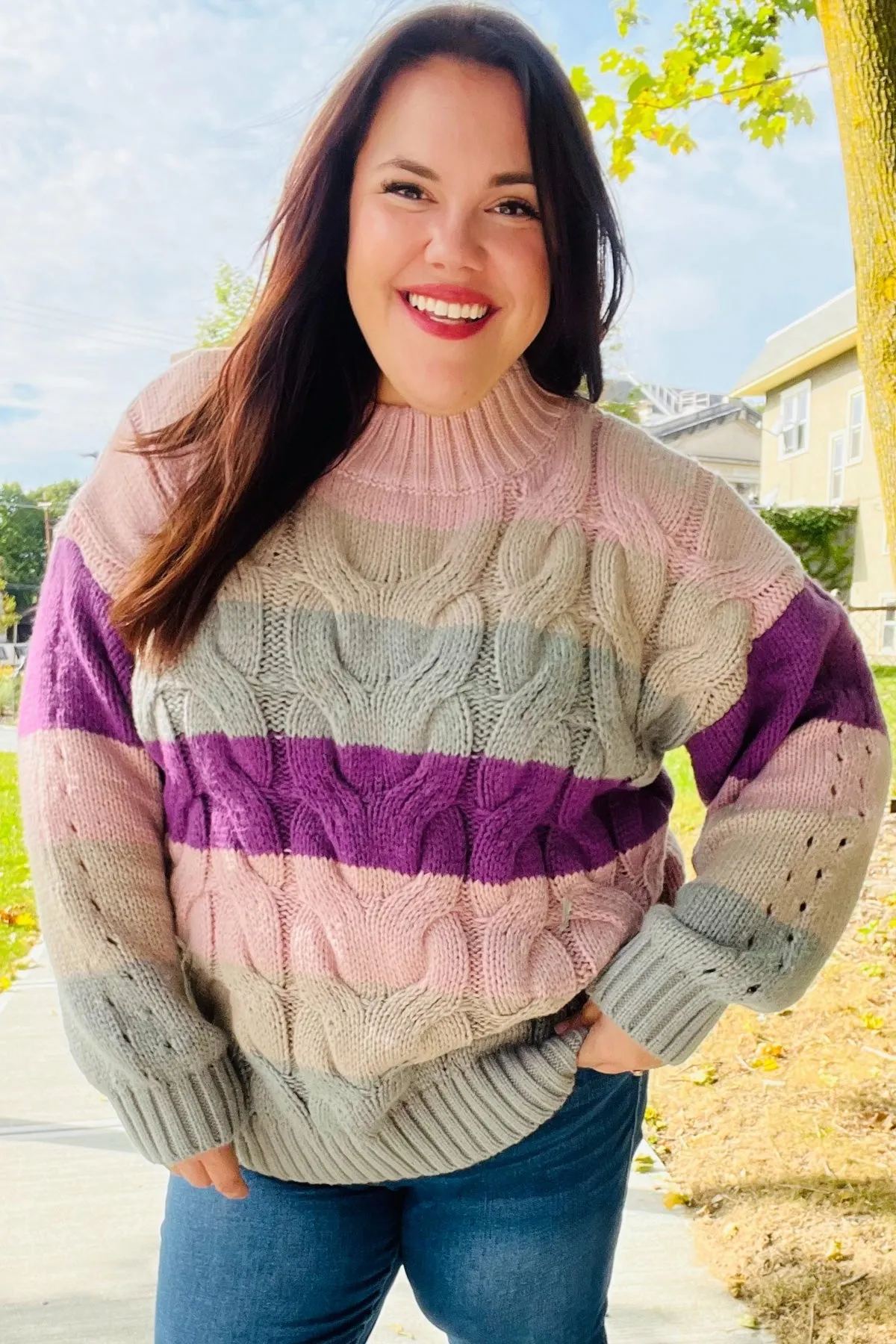 Fall For You Mauve Multicolor Stripe Cable Knit Mock Neck Sweater sold by Roxie’s Picks product image thumbnail 2