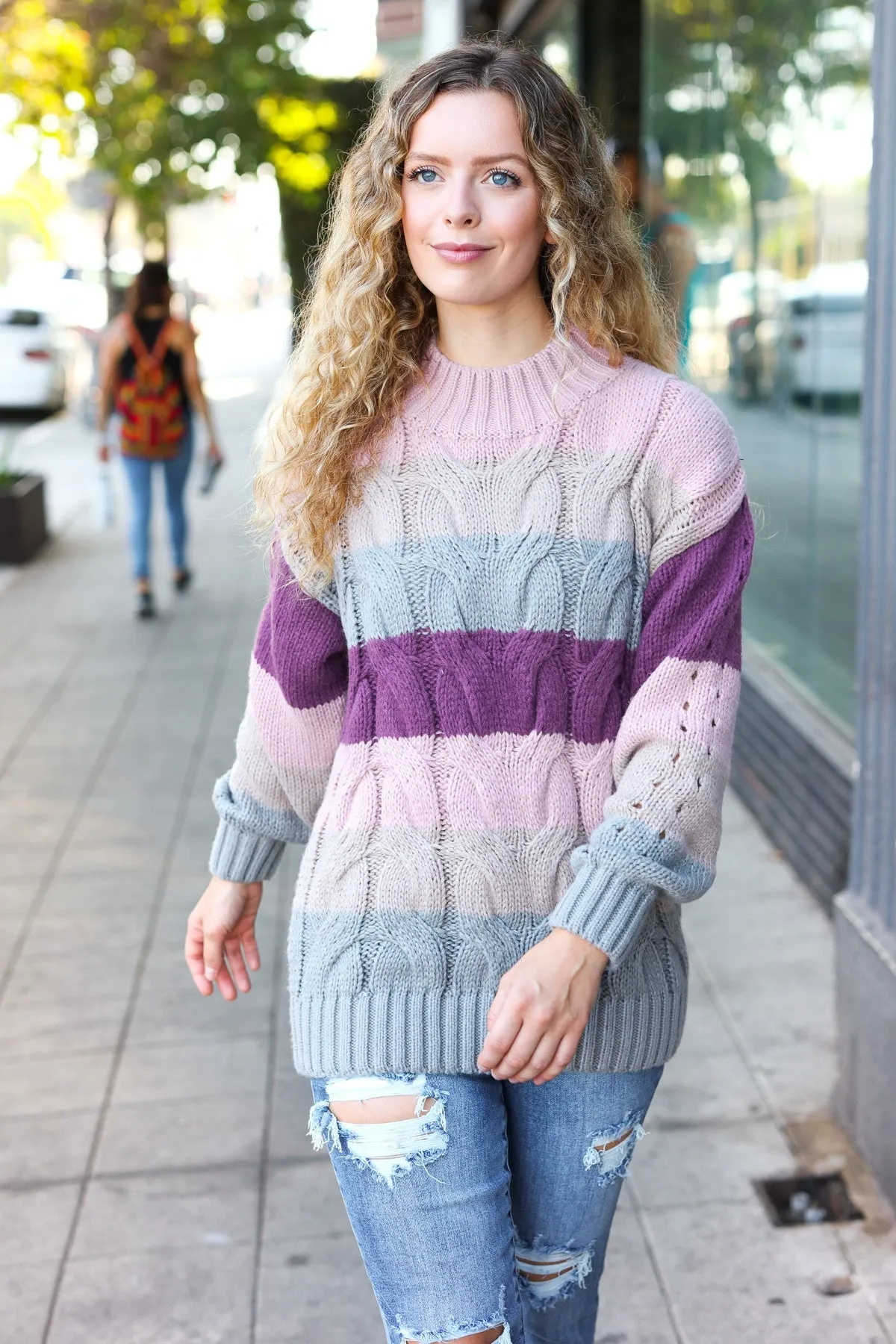 Fall For You Mauve Multicolor Stripe Cable Knit Mock Neck Sweater sold by Roxie’s Picks product image thumbnail 4