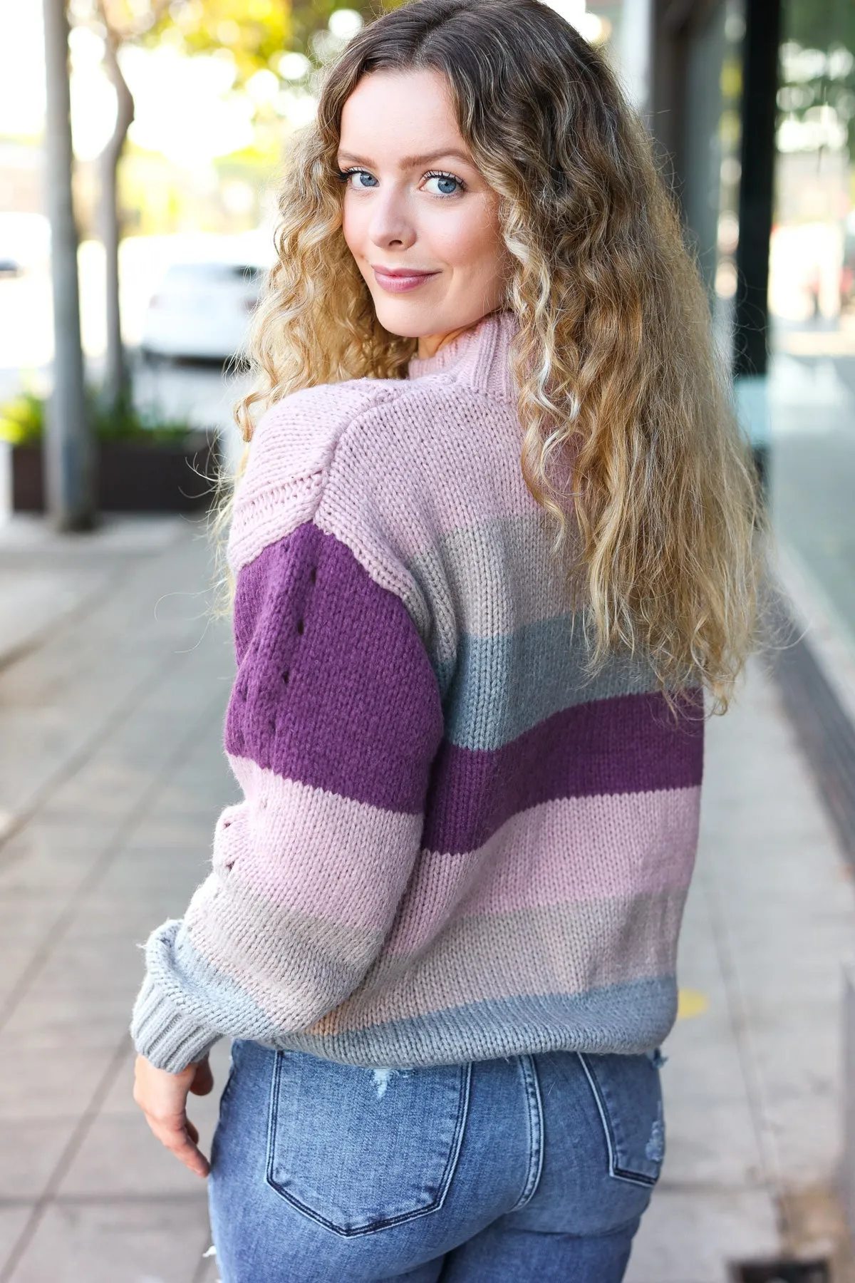 Fall For You Mauve Multicolor Stripe Cable Knit Mock Neck Sweater sold by Roxie’s Picks product image thumbnail 3