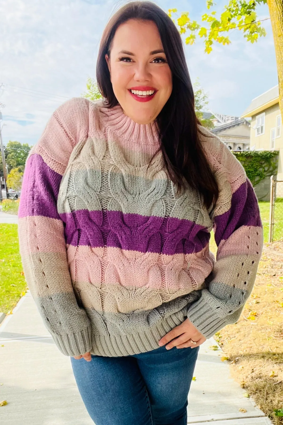 Fall For You Mauve Multicolor Stripe Cable Knit Mock Neck Sweater sold by Roxie’s Picks product image thumbnail 5