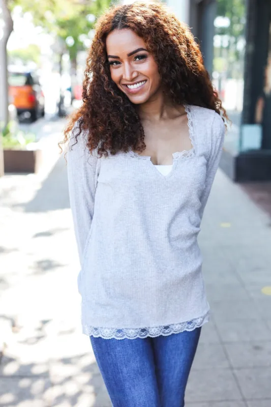 Feels Like Love Grey Lace Trim Rib Long Sleeve Top sold by Roxie’s Picks