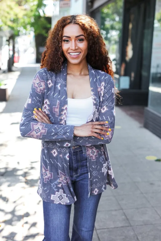 Boho Vibes Charcoal Tribal Print Terry Open Cardigan sold by Roxie’s Picks