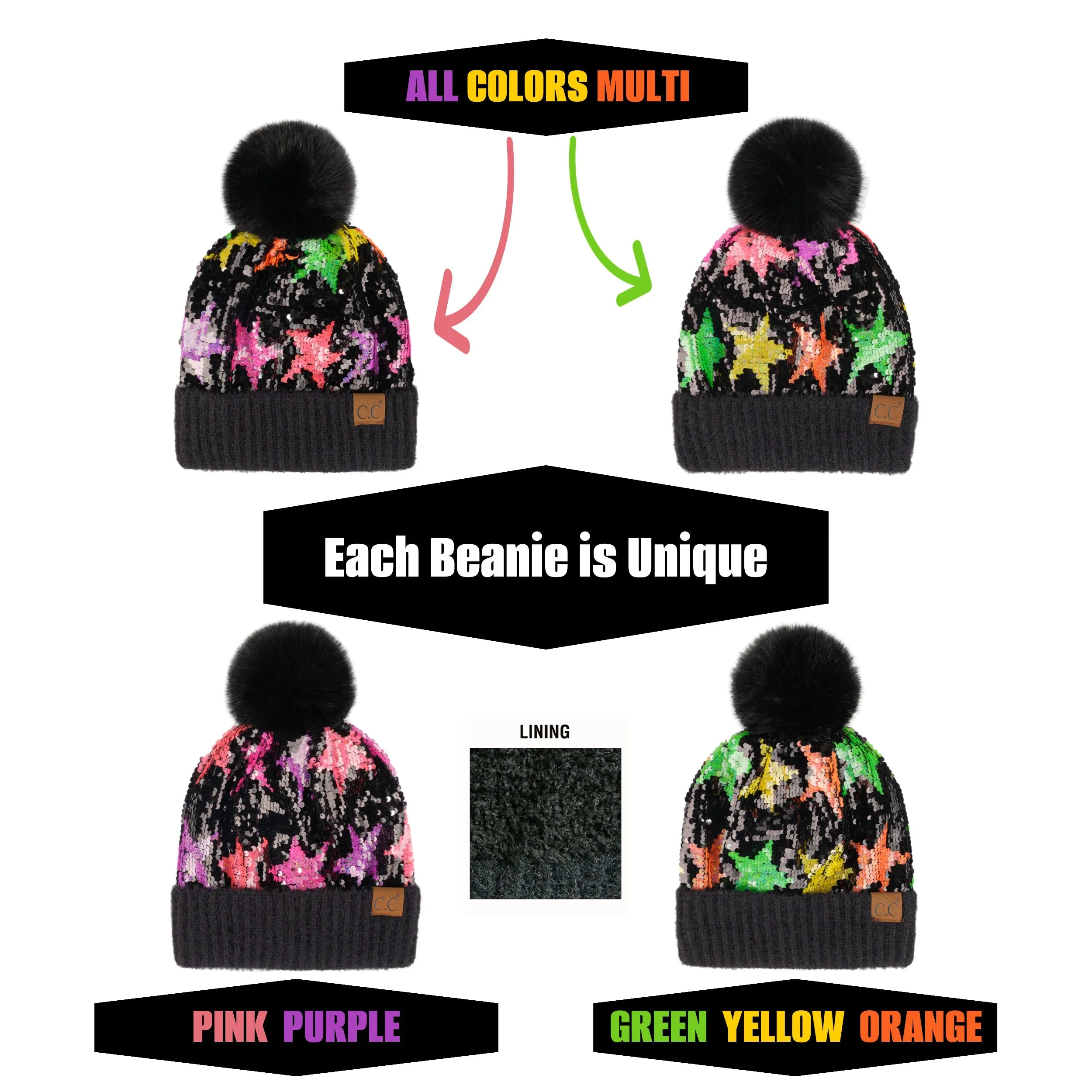 CC Neon Star Sequin Faux Fur Pom Beanie | Adult Teen One Size sold by Roxie’s Picks product image thumbnail 2