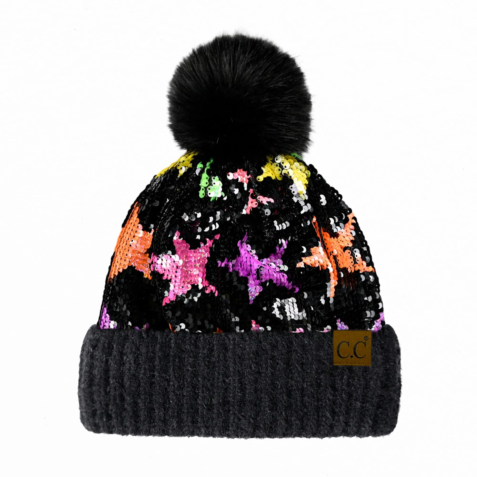 CC Neon Star Sequin Faux Fur Pom Beanie | Adult Teen One Size sold by Roxie’s Picks product image thumbnail 3