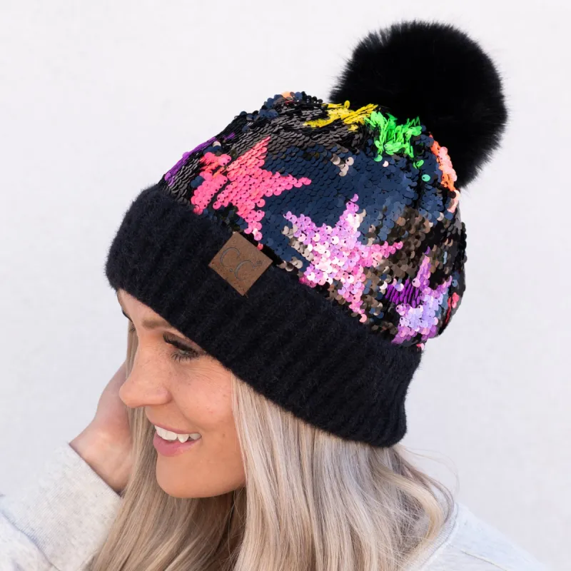 CC Neon Star Sequin Faux Fur Pom Beanie | Adult Teen One Size sold by Roxie’s Picks