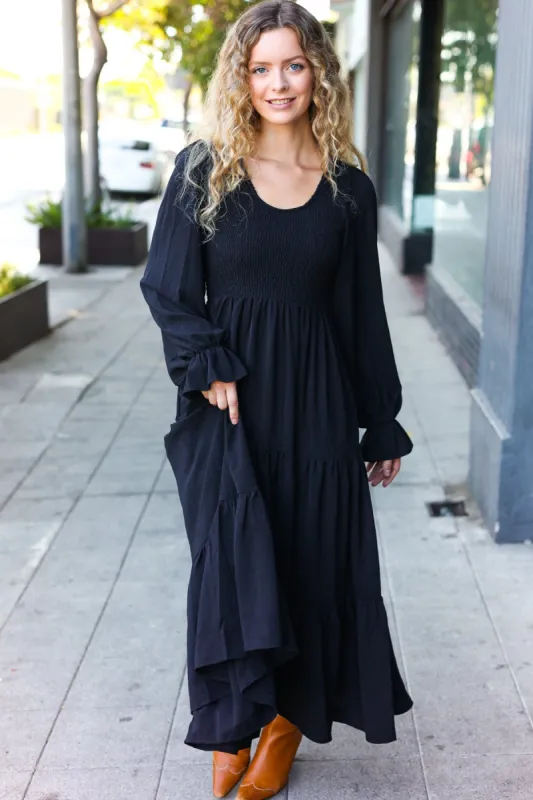 Beautiful You Black Smocked Ruffle Sleeve Maxi Dress sold by Roxie’s Picks