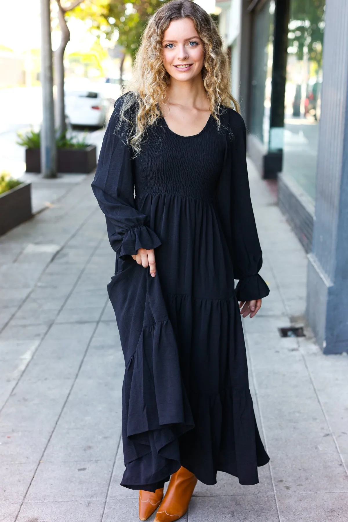 Beautiful You Black Smocked Ruffle Sleeve Maxi Dress sold by Roxie’s Picks