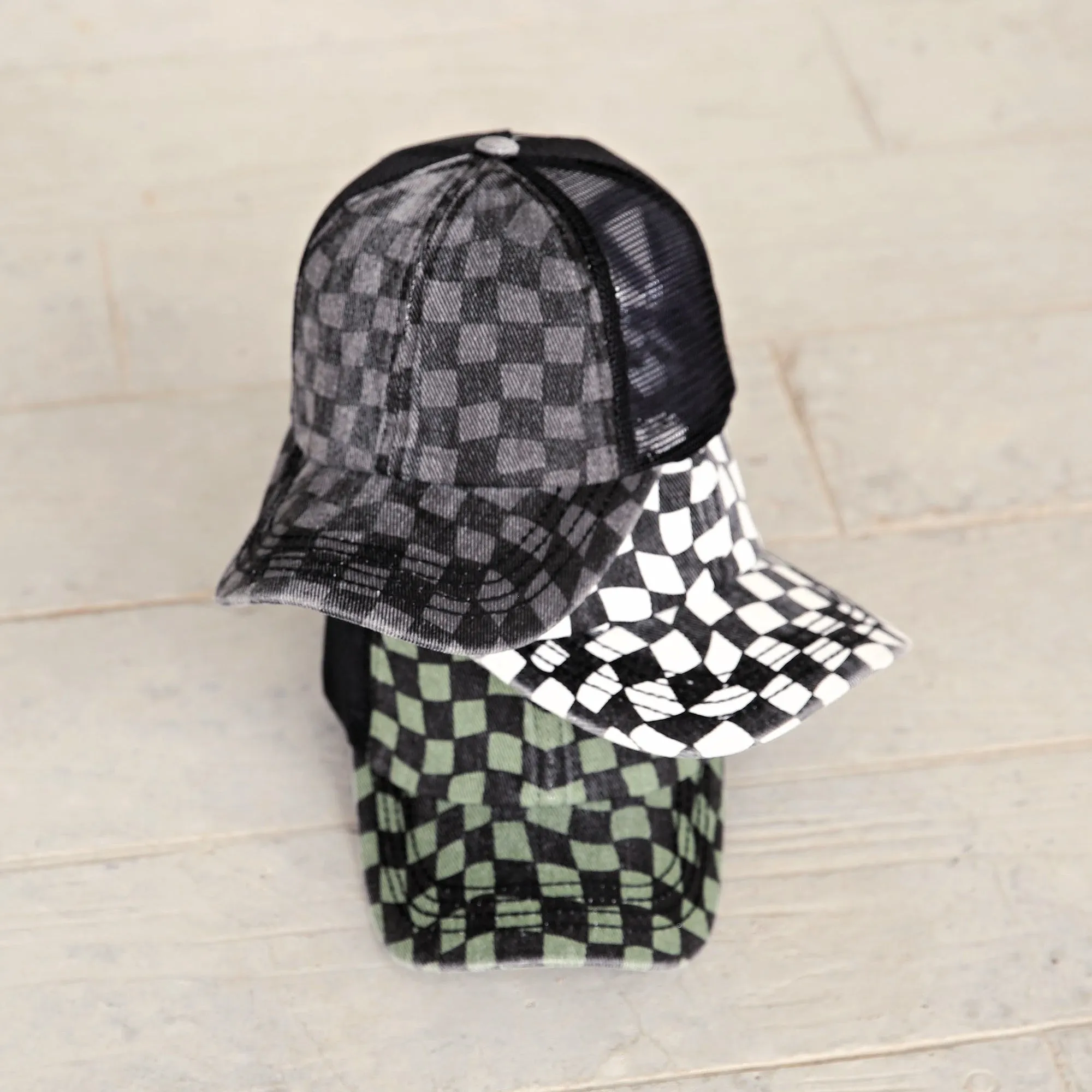 CC Checkered Pattern Pony Hats Criss Cross Style Women Cap for Ponytail sold by Roxie’s Picks