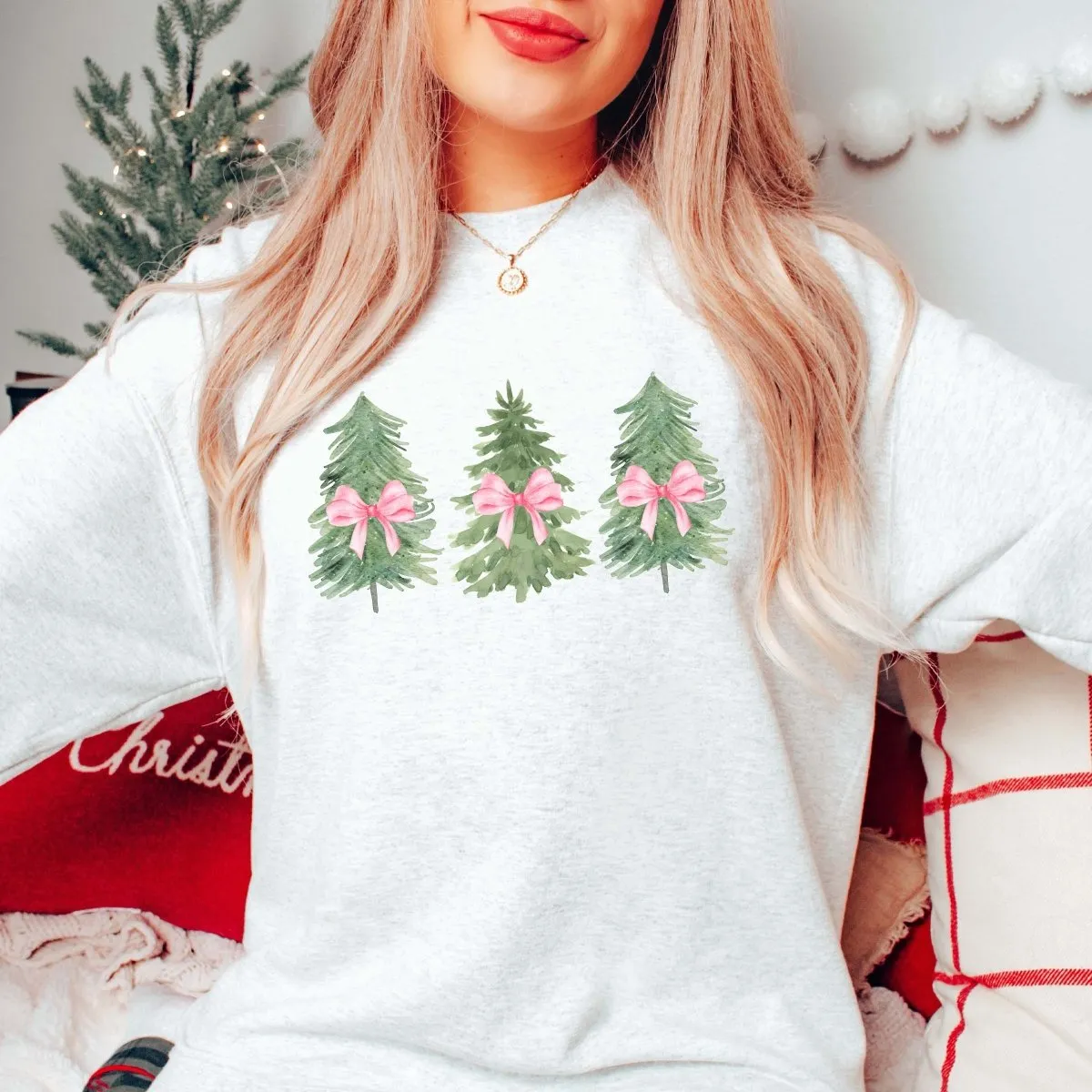 Watercolor Christmas Trees With Pink Bows Graphic Sweatshirt sold by Roxie’s Picks product image thumbnail 3