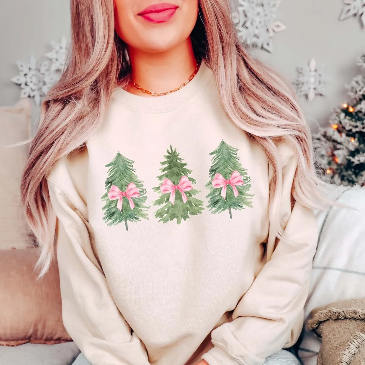 Watercolor Christmas Trees With Pink Bows Graphic Sweatshirt sold by Roxie’s Picks product image thumbnail 4