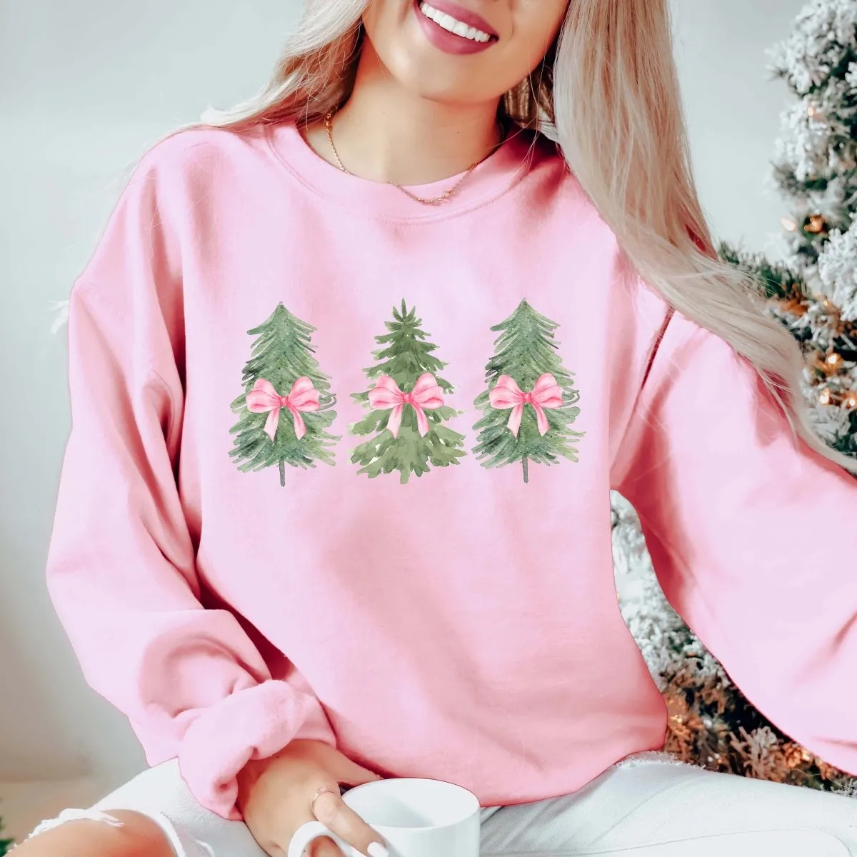 Watercolor Christmas Trees With Pink Bows Graphic Sweatshirt sold by Roxie’s Picks