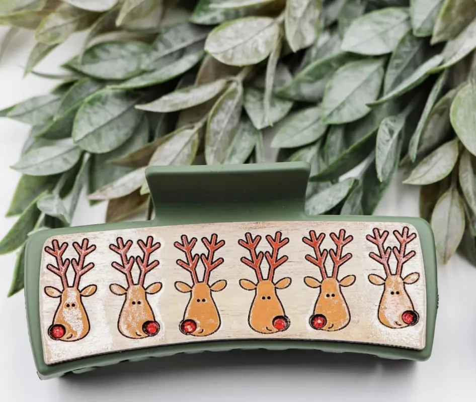 Santa's Reindeer Christmas Hair Claw Clip – Hand-Painted Wooden Design (4 Inches) sold by Roxie’s Picks