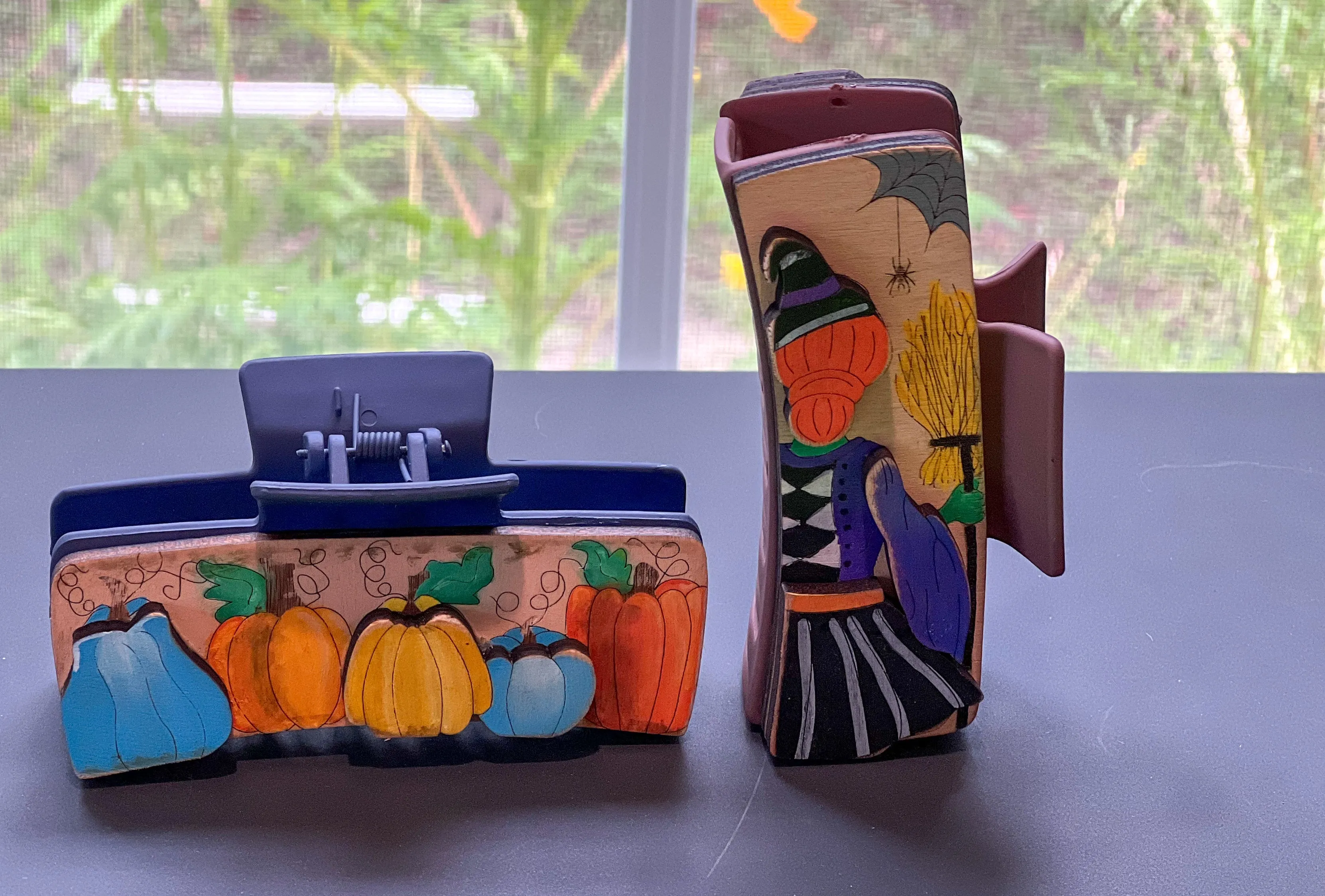 Witch with Broom Hand Painted Wood Hair Claw Clip sold by Roxie’s Picks product image thumbnail 2