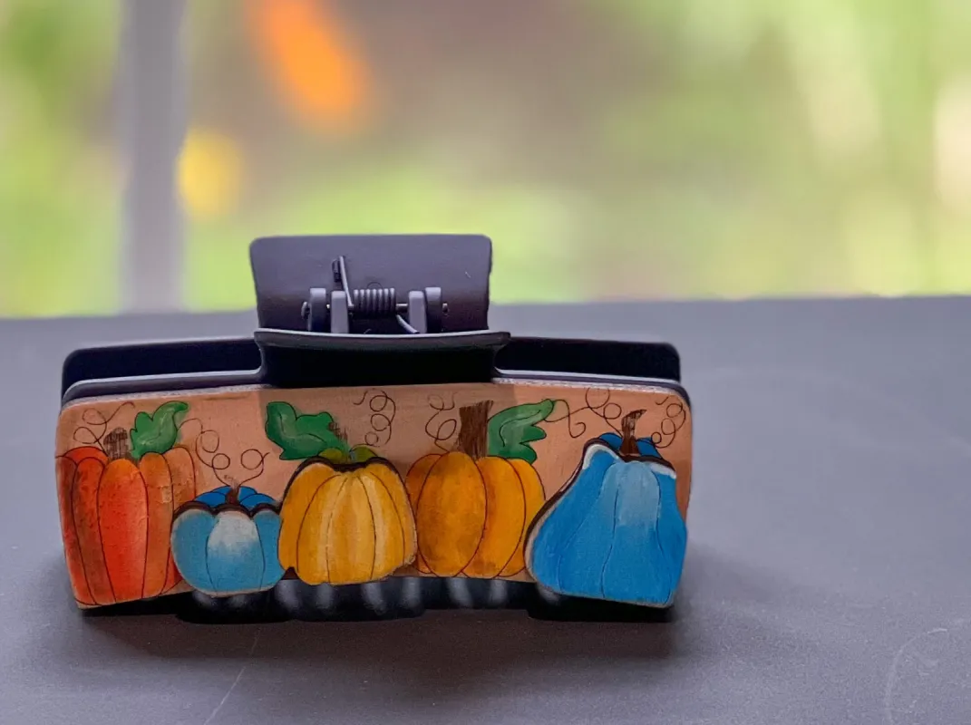 Autumn Blue and Orange Pumpkins Hand Painted Wood Hair Claw Clip sold by Roxie’s Picks