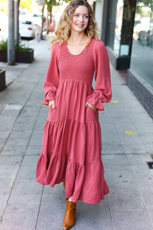 Beautiful You Lock Eyes Marsala Smocked Ruffle Sleeve Maxi Dress sold by Roxie’s Picks