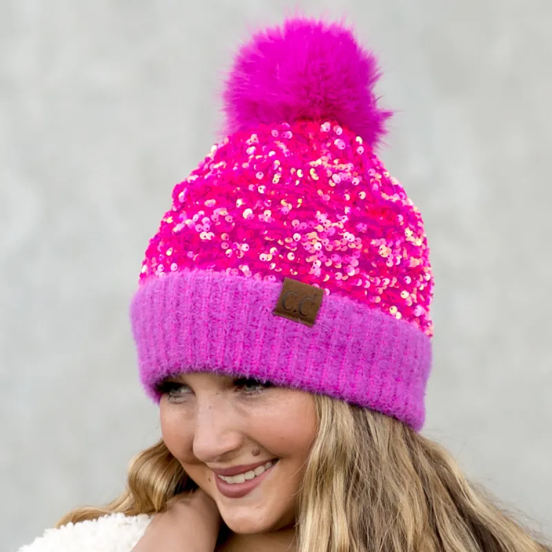 CC Sequin Fur Pom Beanie sold by Roxie’s Picks