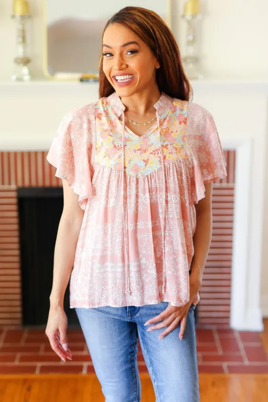 Blush Paisley Floral Yoke Tie Neck Top sold by Roxie’s Picks