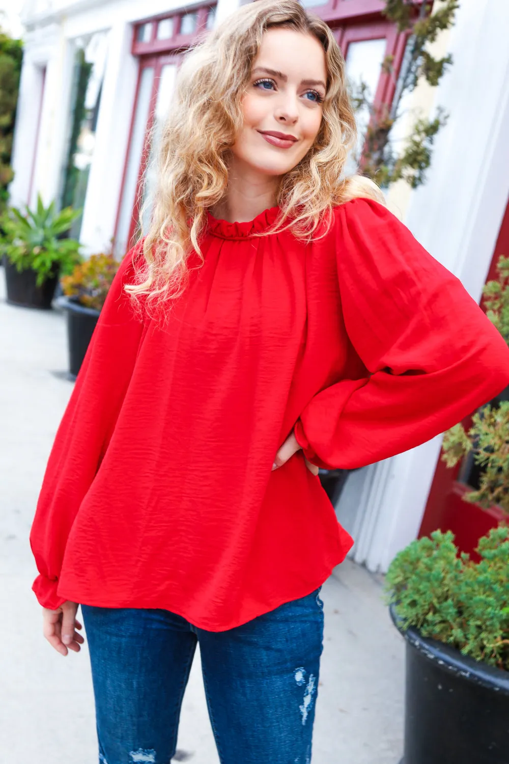 Be Merry Red Frill Mock Neck Crinkle Woven Top sold by Roxie’s Picks product image thumbnail 3