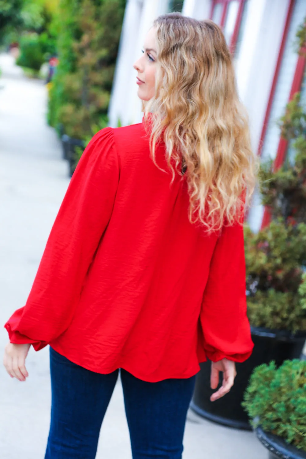 Be Merry Red Frill Mock Neck Crinkle Woven Top sold by Roxie’s Picks product image thumbnail 2