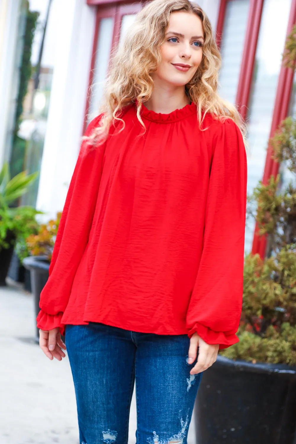 Be Merry Red Frill Mock Neck Crinkle Woven Top sold by Roxie’s Picks product image thumbnail 4