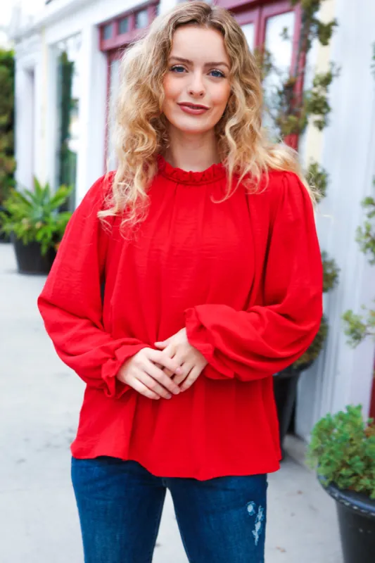 Be Merry Red Frill Mock Neck Crinkle Woven Top sold by Roxie’s Picks