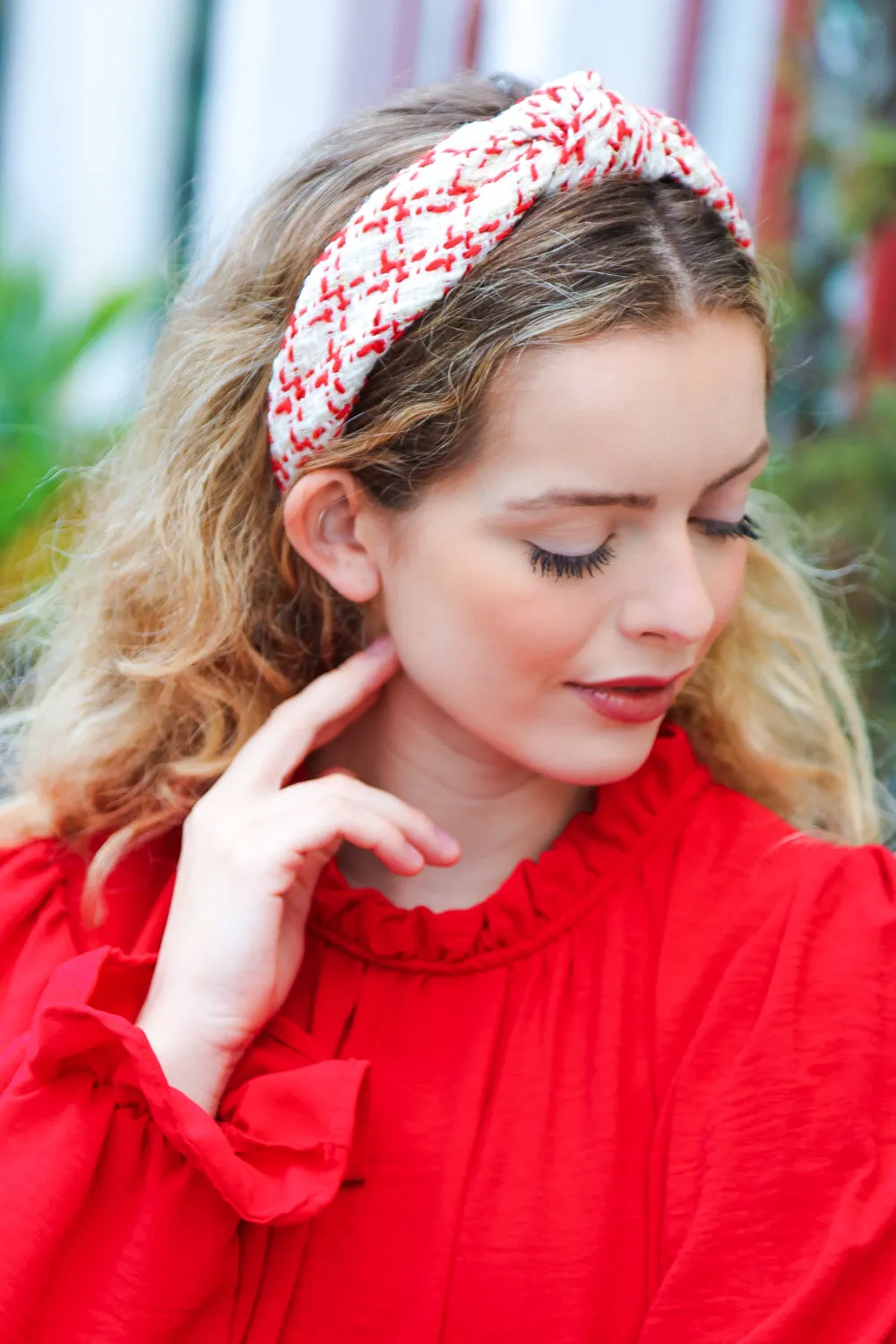 Cream Gold & Red Knit Top Knot Headband sold by Roxie’s Picks