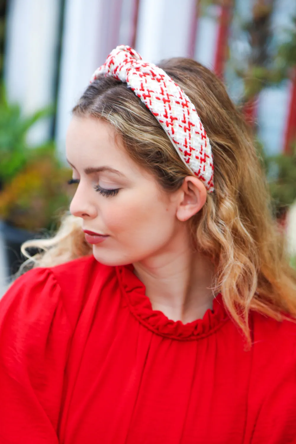 Cream Gold & Red Knit Top Knot Headband sold by Roxie’s Picks product image thumbnail 3