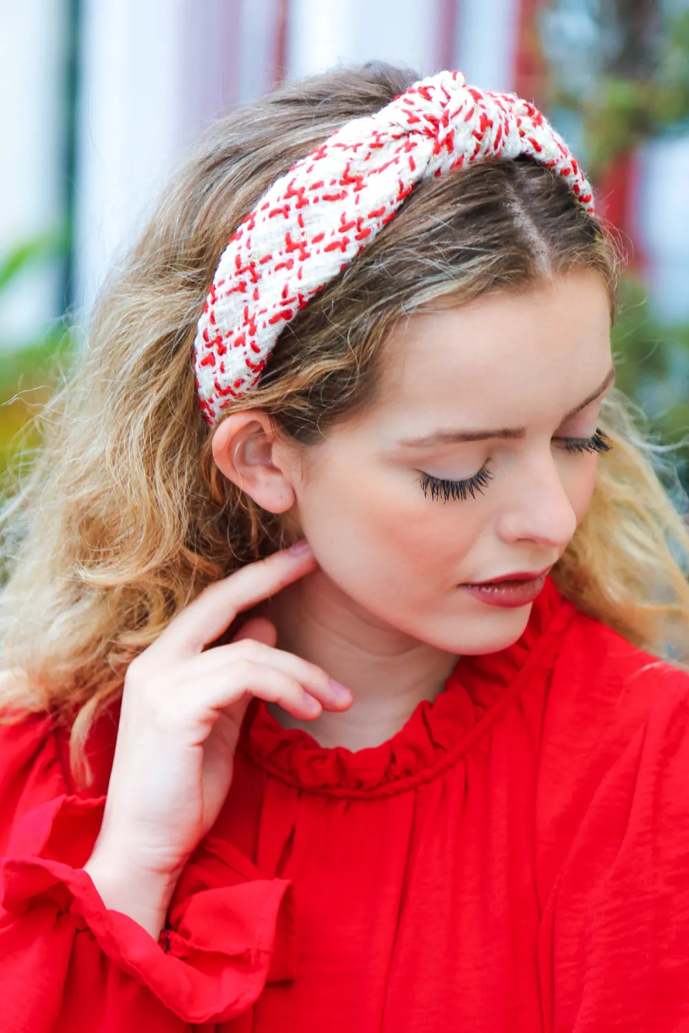 Cream Gold & Red Knit Top Knot Headband sold by Roxie’s Picks product image thumbnail 5