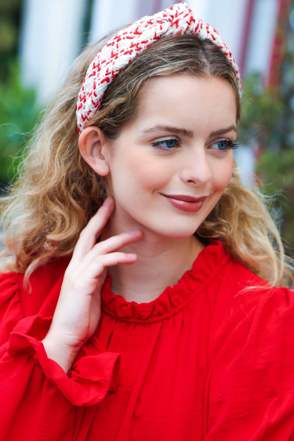 Cream Gold & Red Knit Top Knot Headband sold by Roxie’s Picks product image thumbnail 2