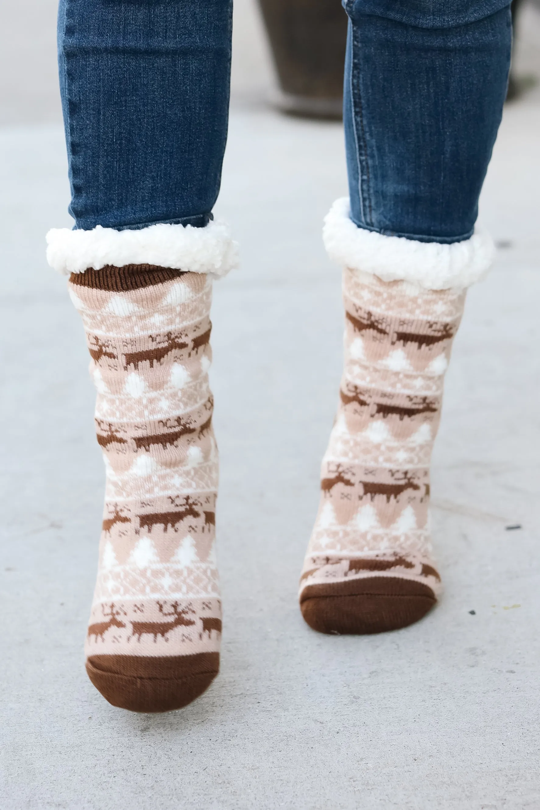 Brown Reindeer Sherpa Traction Bottom Slipper Socks sold by Roxie’s Picks product image thumbnail 2