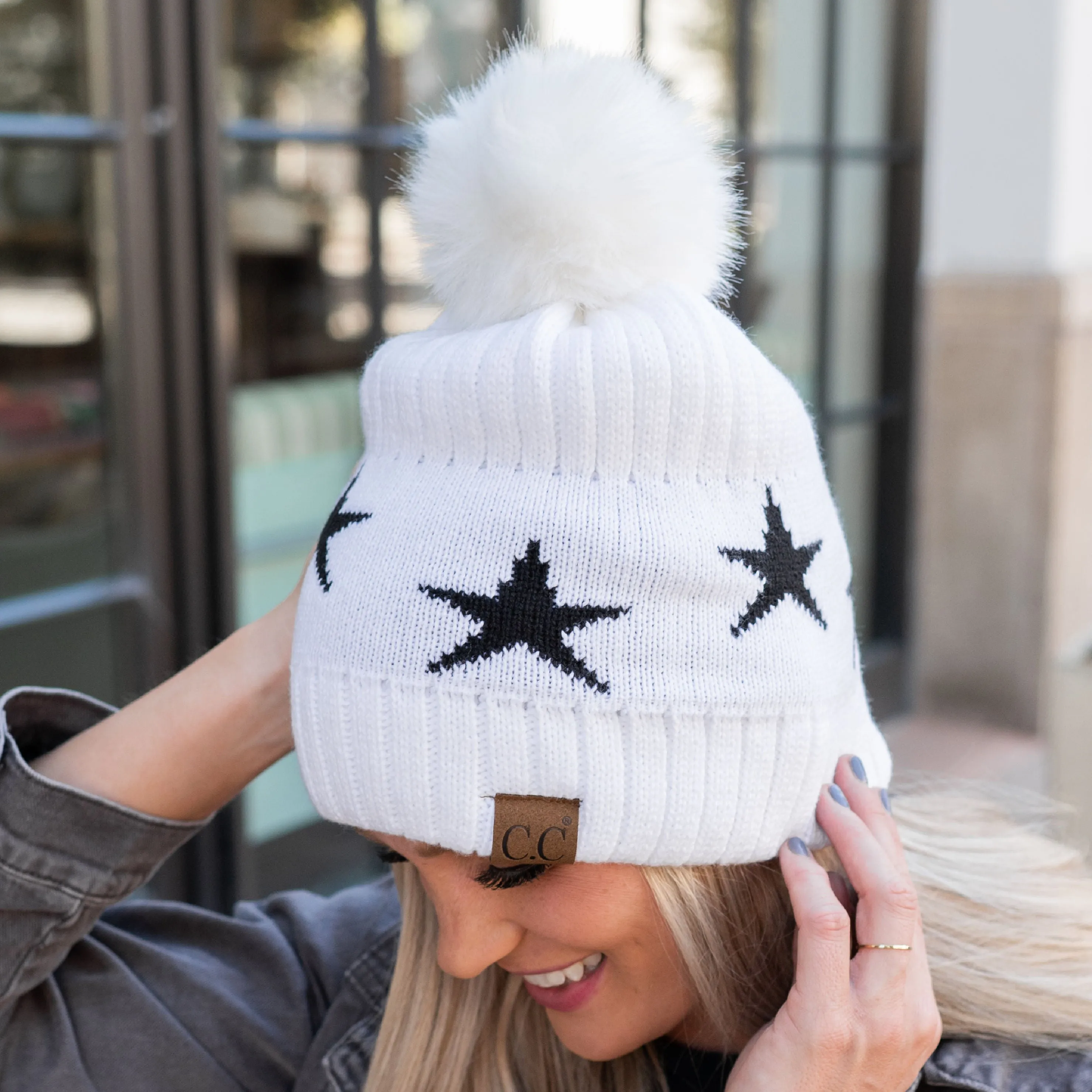 CC Beanie with Quality Faux Fur Pom & Star Pattern sold by Roxie’s Picks