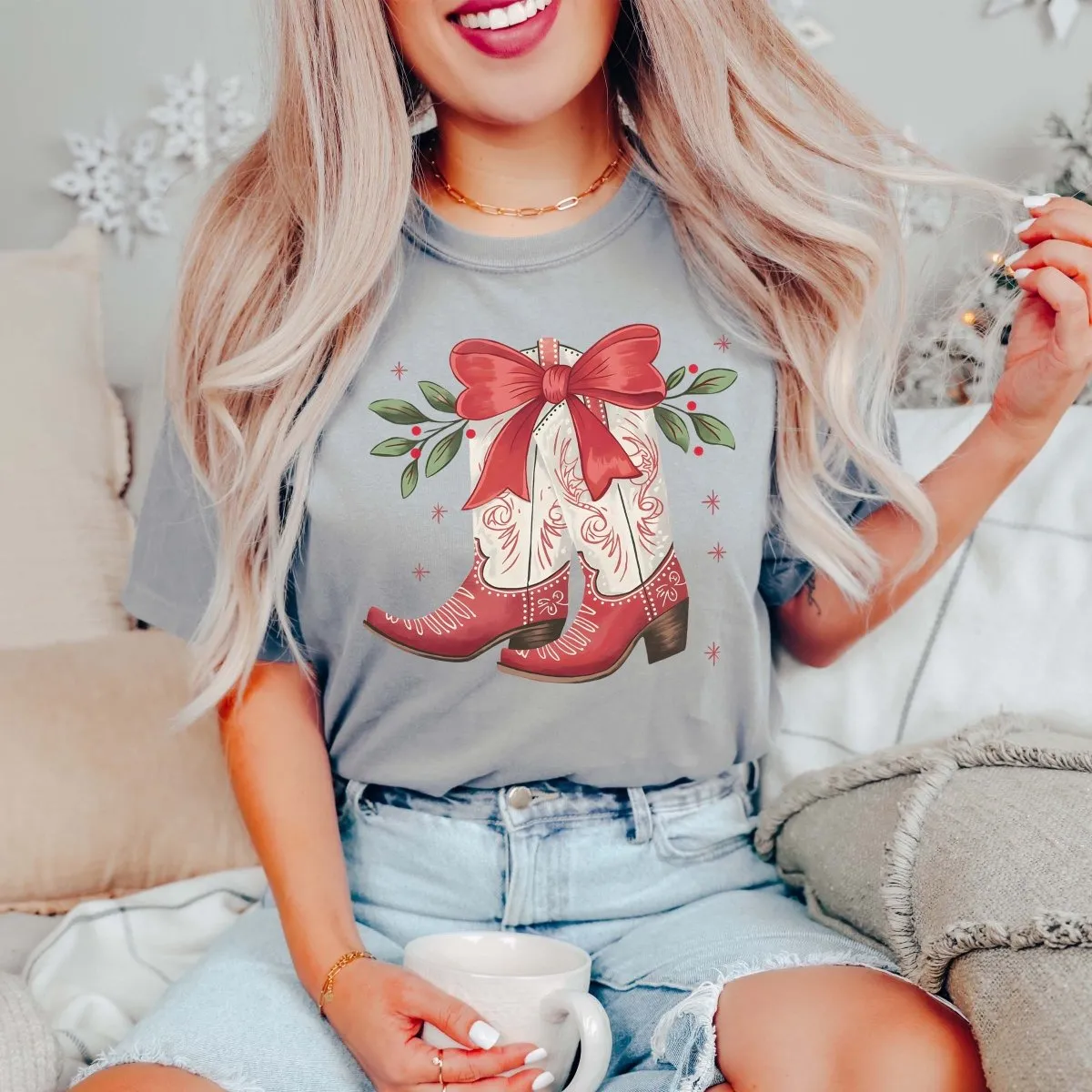 Christmas Boots With Bow Comfort Color Graphic Tee sold by Roxie’s Picks