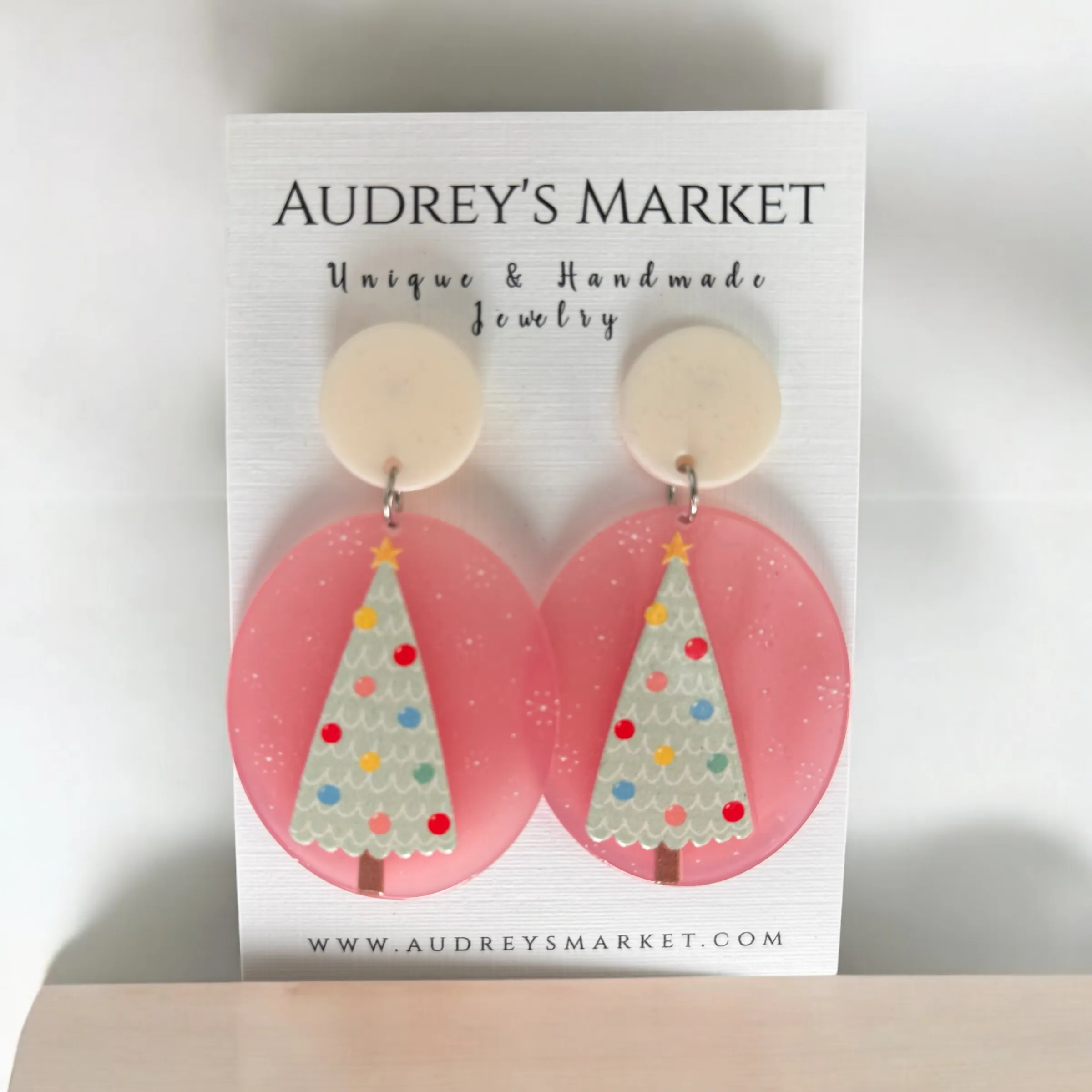 Pink Whimsical Christmas Tree Acrylic Earrings sold by Roxie’s Picks product image thumbnail 2