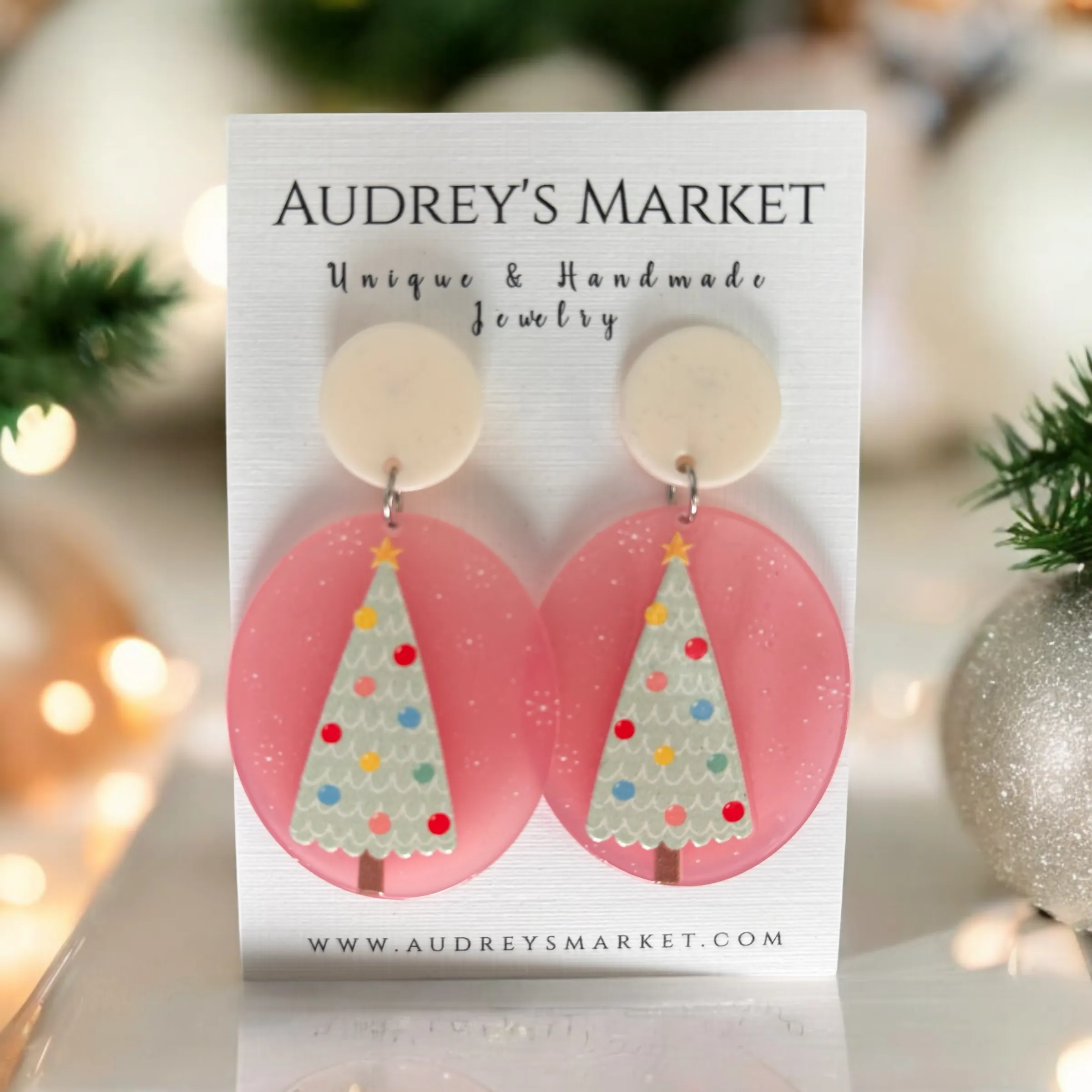 Pink Whimsical Christmas Tree Acrylic Earrings sold by Roxie’s Picks